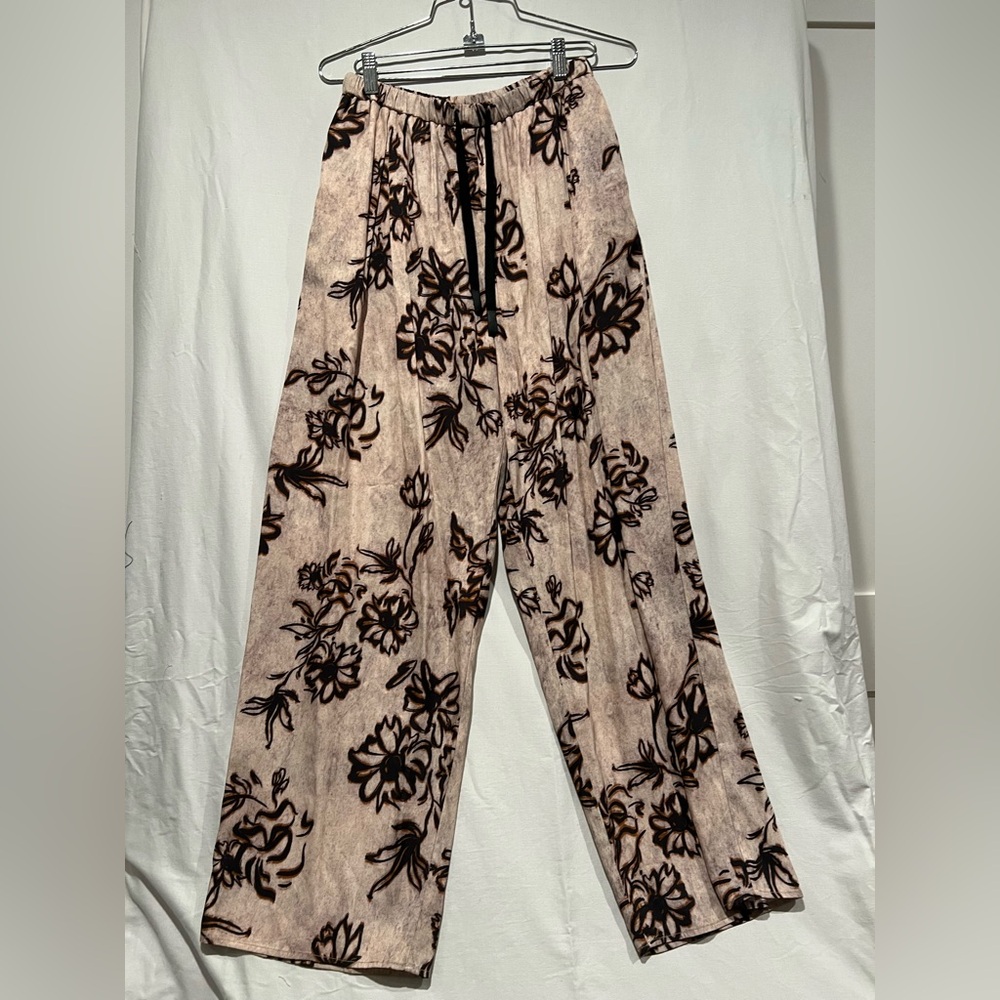 Elegant Viscose Floral Wide-Leg Resort Trousers Drawstring Pockets Pants